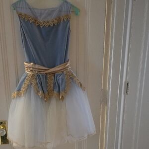Weissman Blue and White Dance Dress with Gold Accents